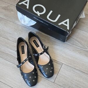 Aqua Black Leather Mary Jane Flats with Silver Eyelet Accents 8